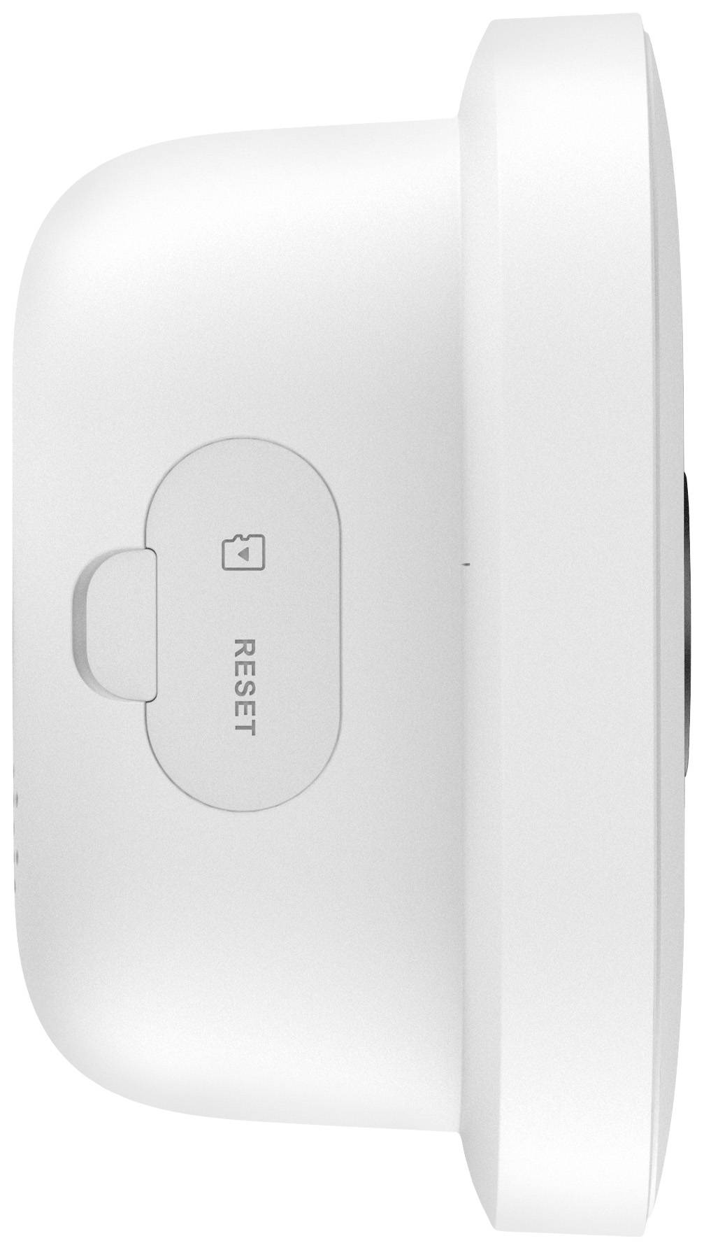 White, side view of an electronic device with a rounded shape. A reset button is visible.