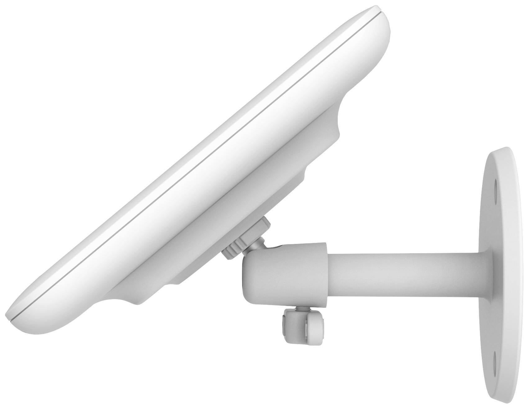 White satellite dish mounted on a wall bracket, viewed from the side.