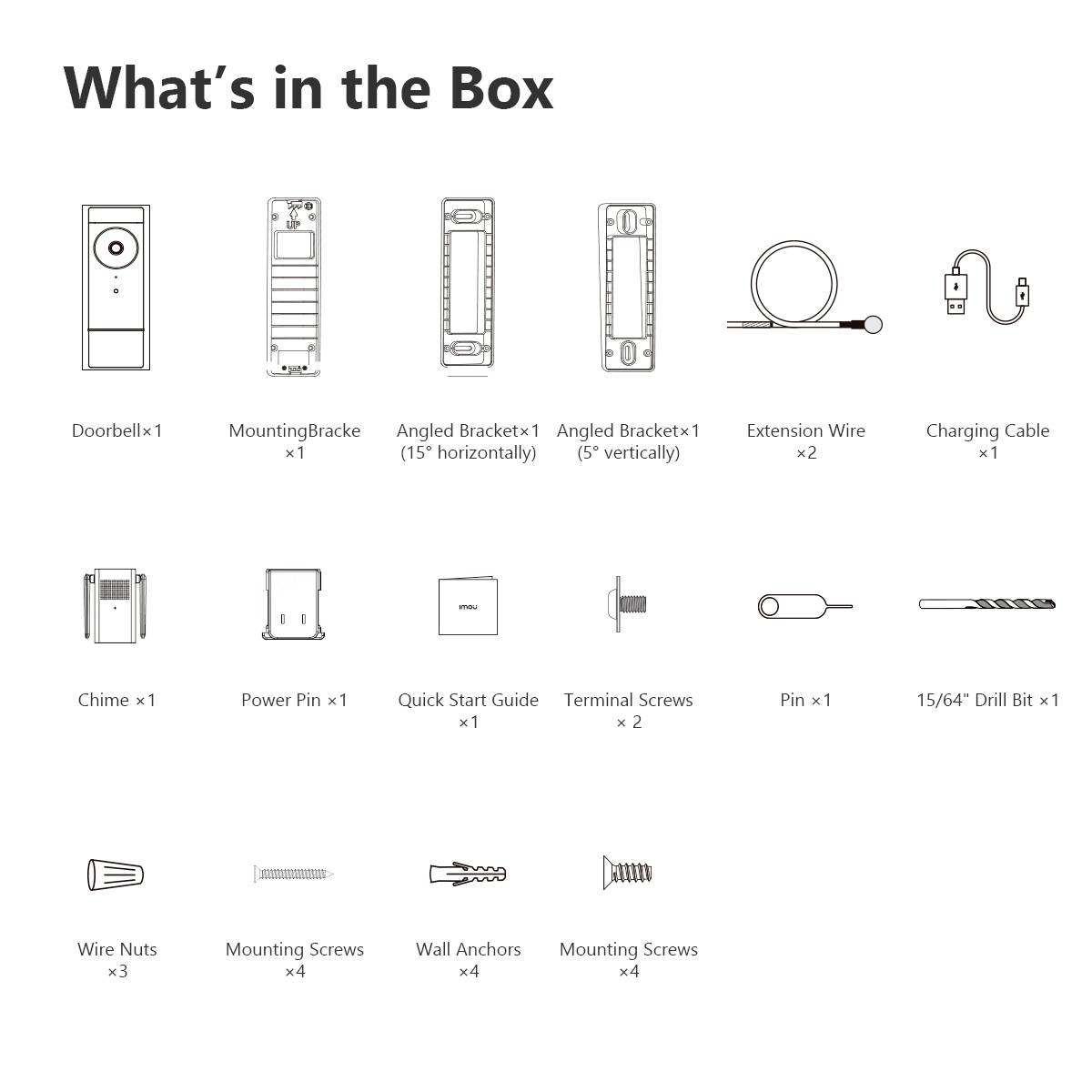 'Box contents: Doorbell, mounting brackets, extension cable, charging cable, chime, power supply, instructions, screws, wall plugs'