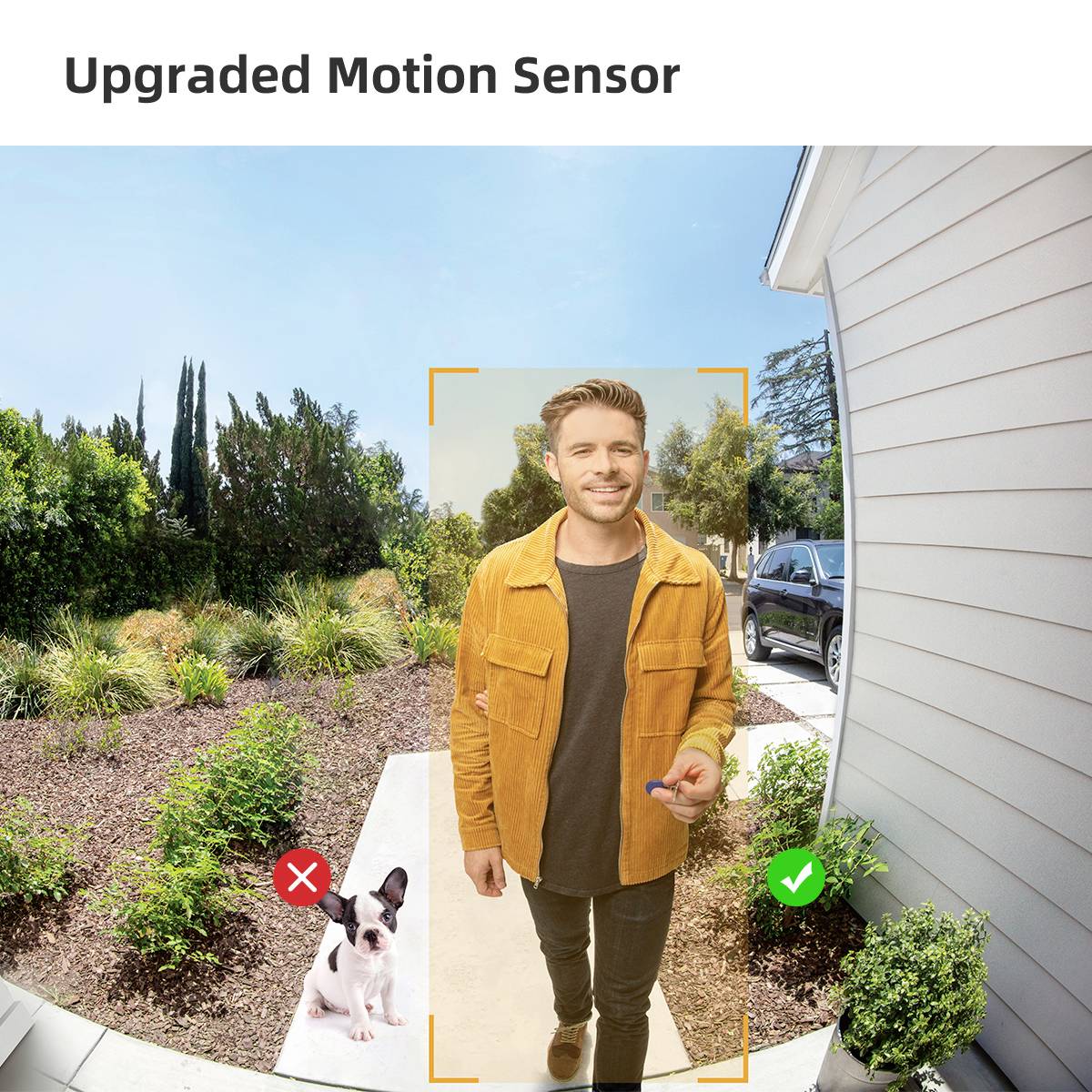 A man in a yellow coat is standing outside a house. A camera captures him as a human and not as an animal error (dog).