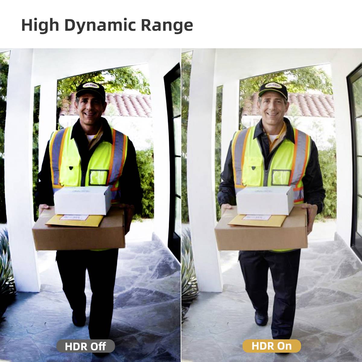 The caption demonstrates the difference between HDR 'Off' and HDR 'On'. Both images show a parcel delivery driver at a door.