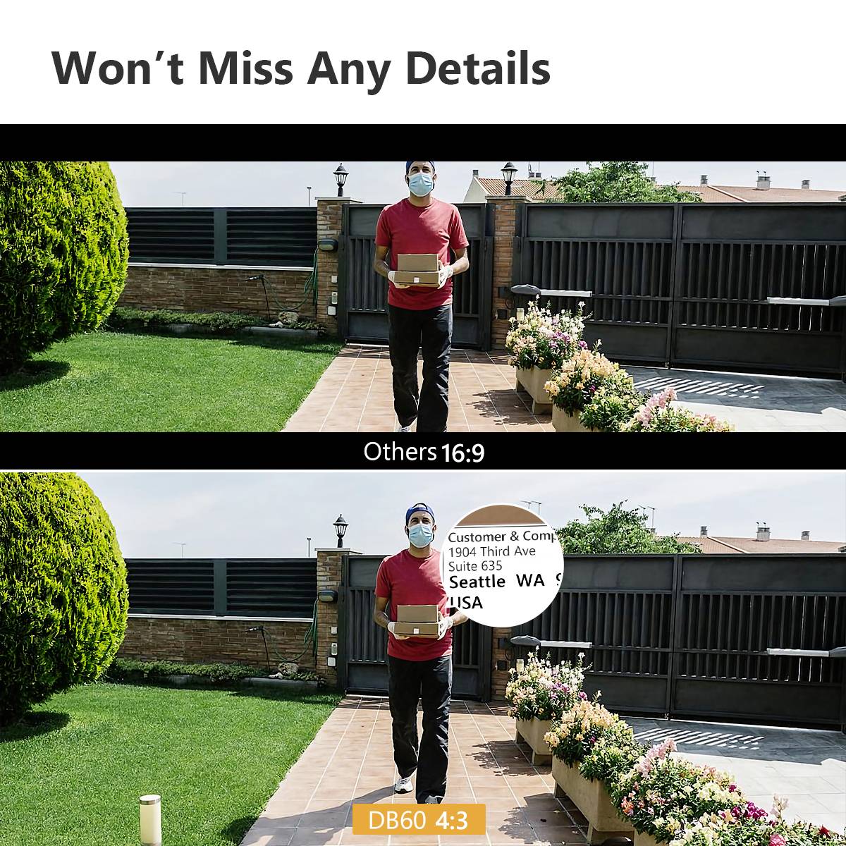 The image shows two photos of a man with a package in front of a house. The top text displays an aspect ratio of 16:9, the bottom text shows a 4:3 aspect ratio.