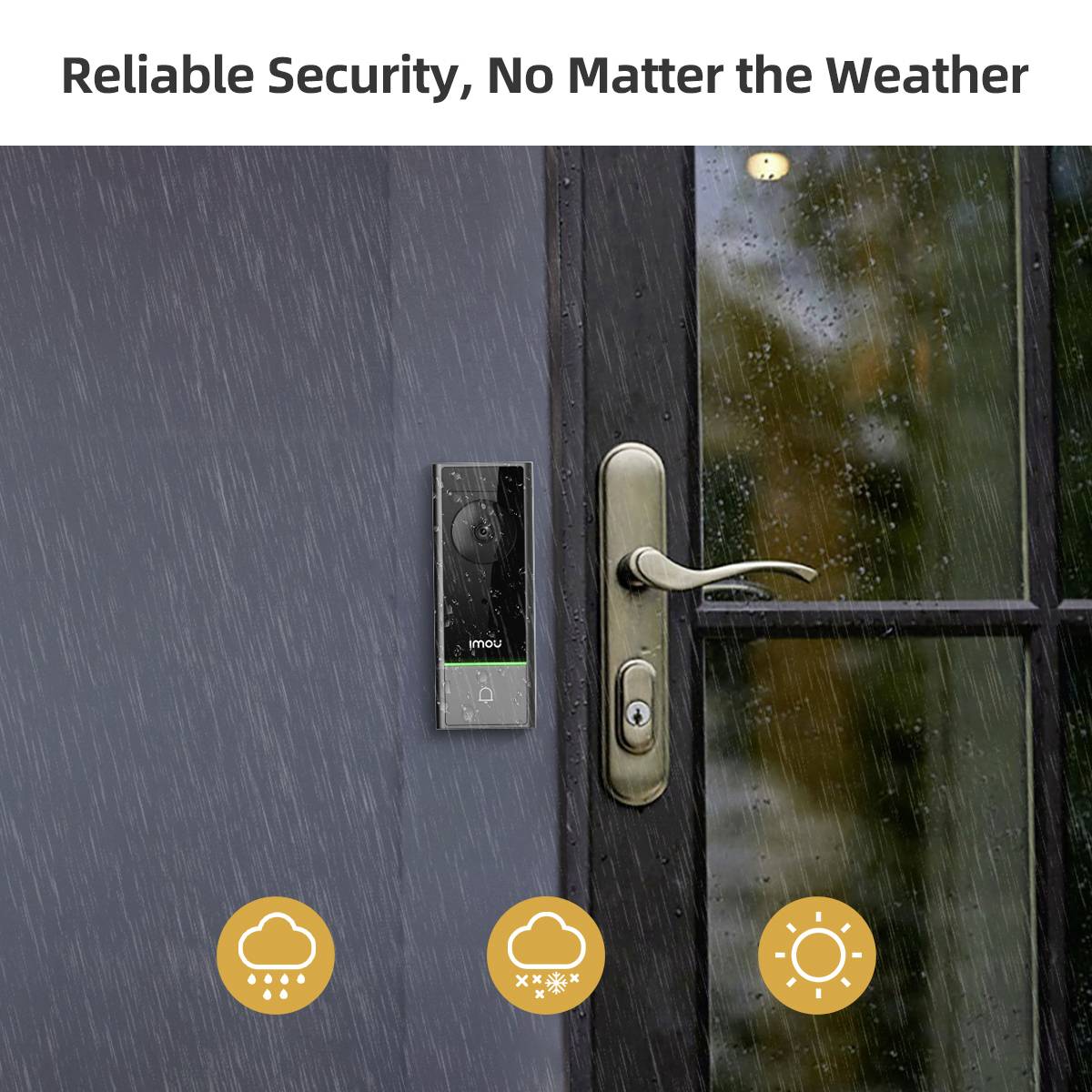Video doorbell beside a rain-soaked door with text 'Reliable security in any weather'. Weather symbols below.