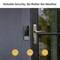 Video doorbell beside a rain-soaked door with text 'Reliable security in any weather'. Weather symbols below.
