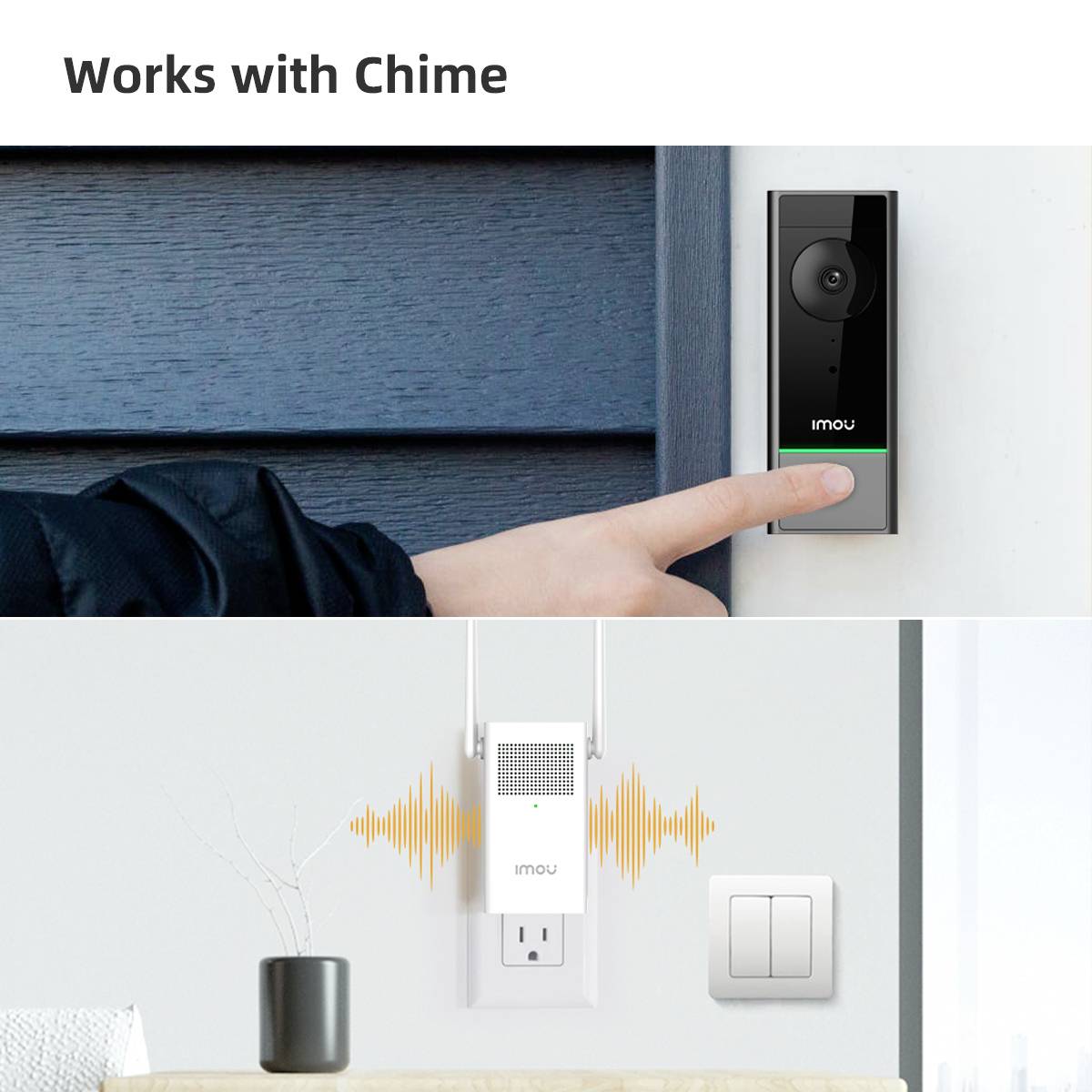 A smart doorbell with a camera is being installed on a blue front door. A wireless receiver is shown beside it.