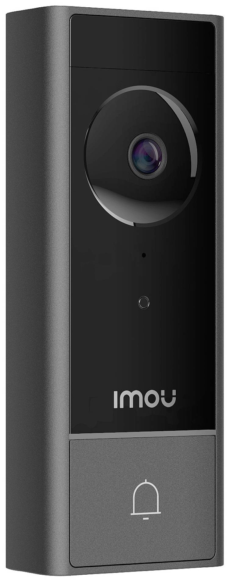 A black video doorbell with camera and microphone. Below is a button featuring a bell icon.