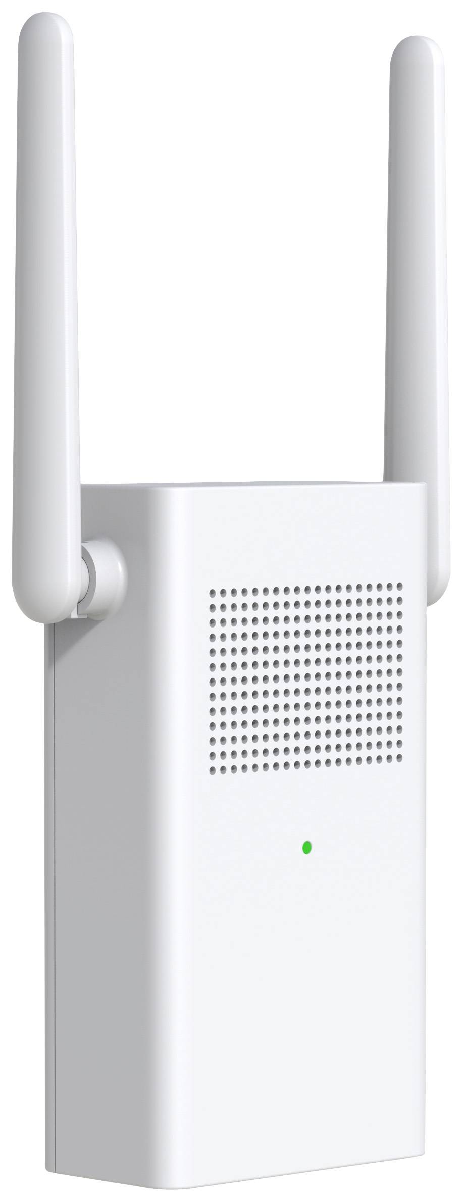 A white Wi-Fi extender with two antennae and a glowing LED indicator on the front.