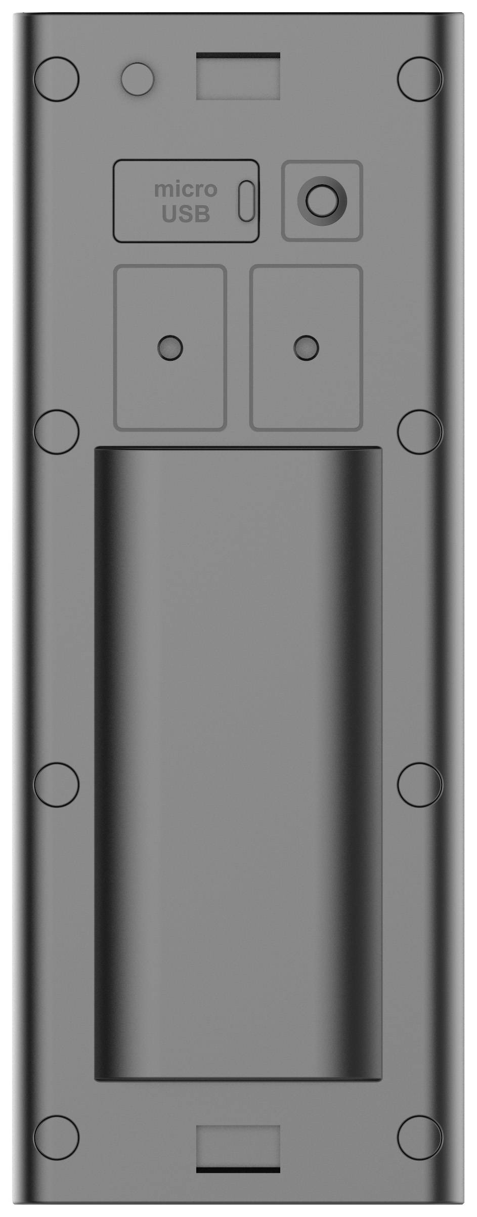 Black, rectangular device with a Micro-USB port, two buttons and an oval raised section in the centre.