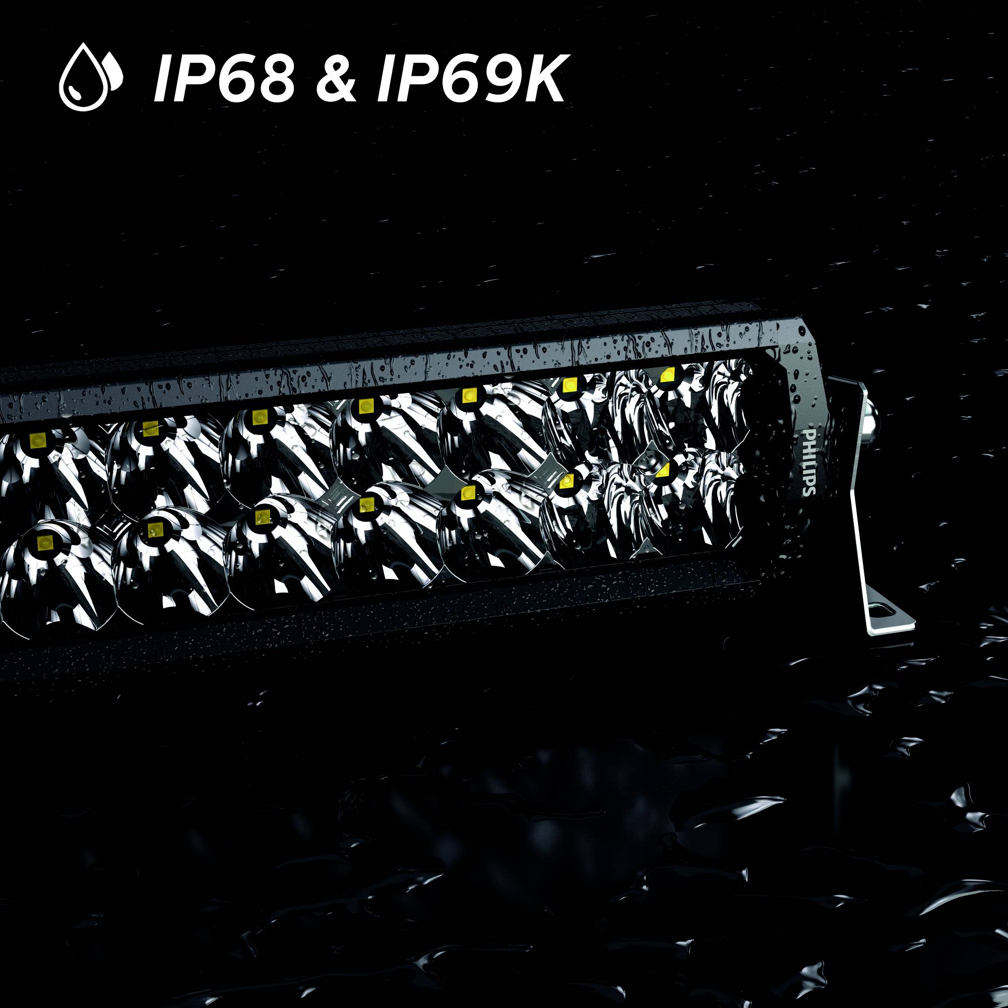 A LED light with IP68 and IP69K certification, indicating water and dust resistance, shown on a wet surface.