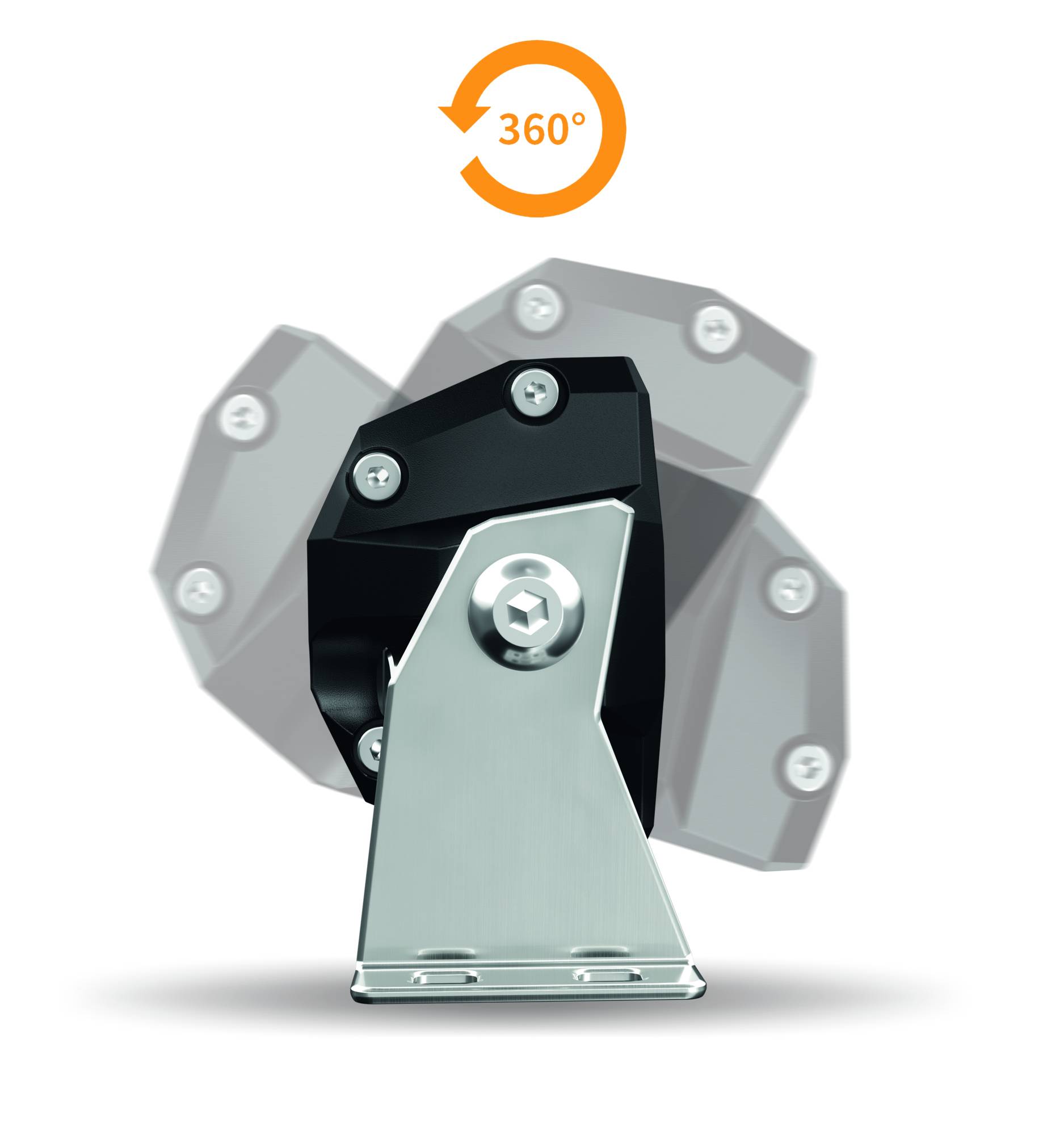 A metal hinge shows a 360-degree rotational movement with an arrow. It is suitable for pivoting or rotational movements.