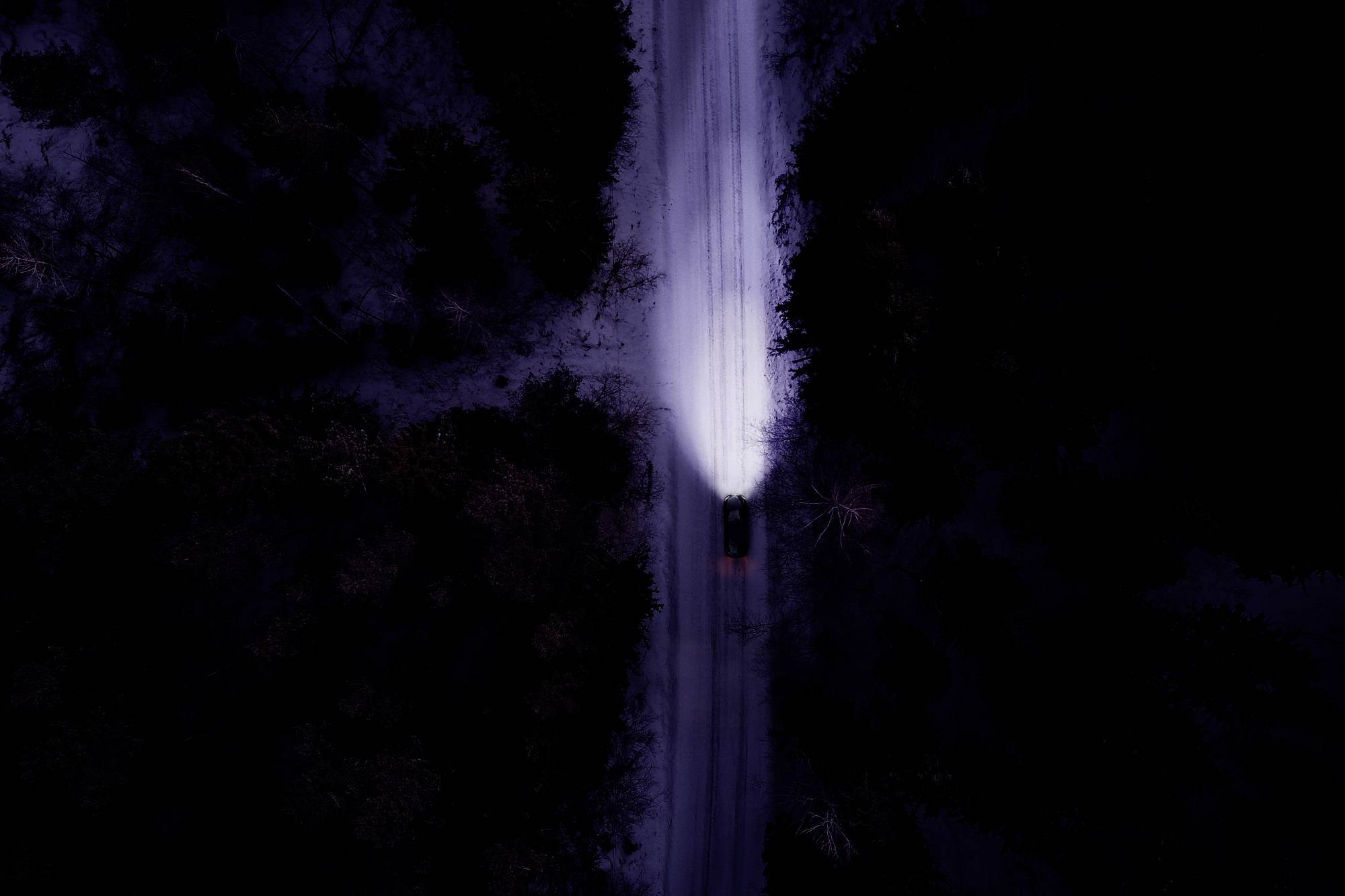 A vehicle drives at night along a snow-covered road through a dark forest, with only its headlights illuminating the way.