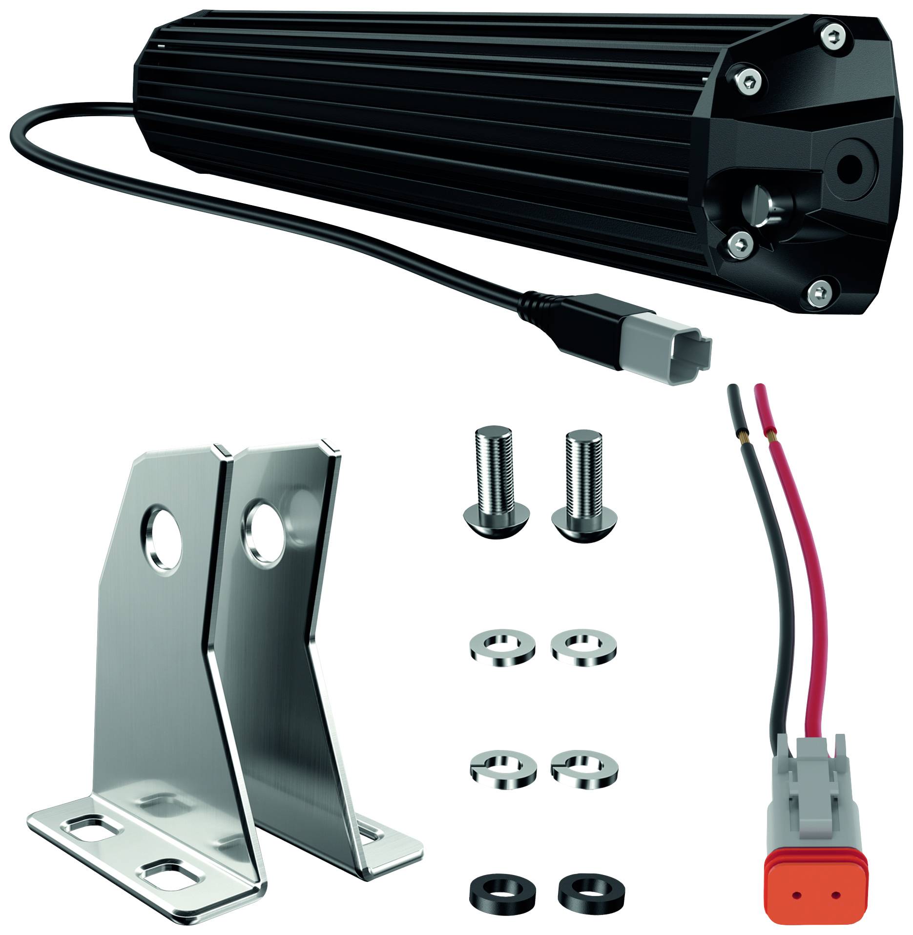 Black cylindrical device with cable, plug connection, two metal mounting brackets and several screws and nuts shown.