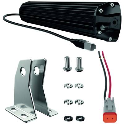 Black cylindrical device with cable, plug connection, two metal mounting brackets and several screws and nuts shown.