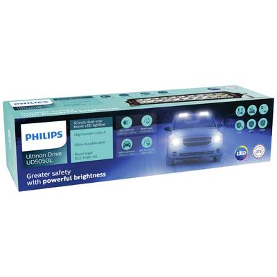 'Philips Ultinon Drive UD5050L LED Light Bar' packaging. Displays product image, car with light bar and text about brightness and safety.