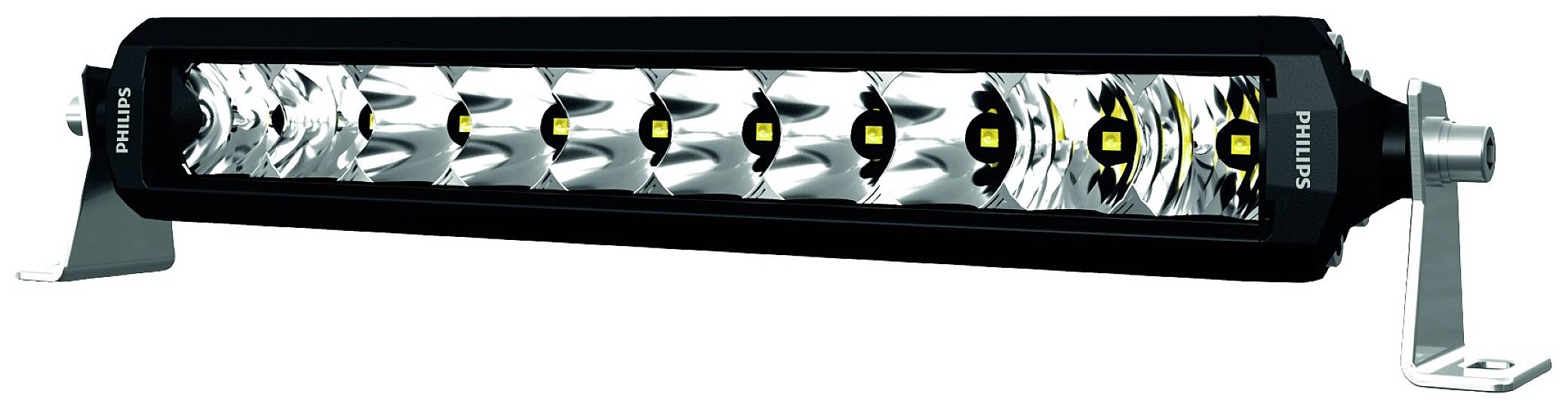 LED light bar with multiple small, luminous diodes in a rectangular black housing, mountable on vehicles.