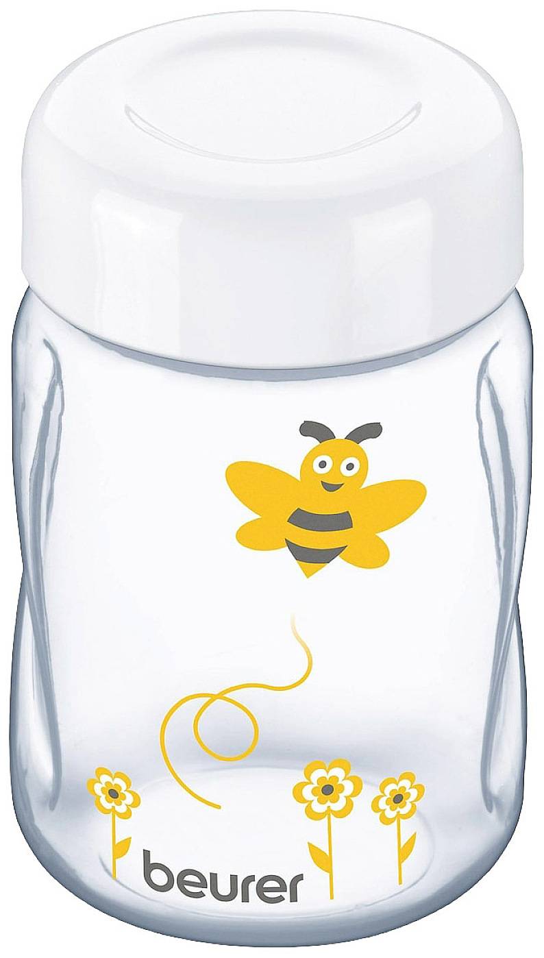 A glass container with a white lid, featuring a yellow bee and three flowers. Brand name 'beurer' printed at the bottom.