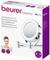 Illuminated cosmetic mirror with magnification function and adjustable arm, Beurer product, pictured on white packaging.
