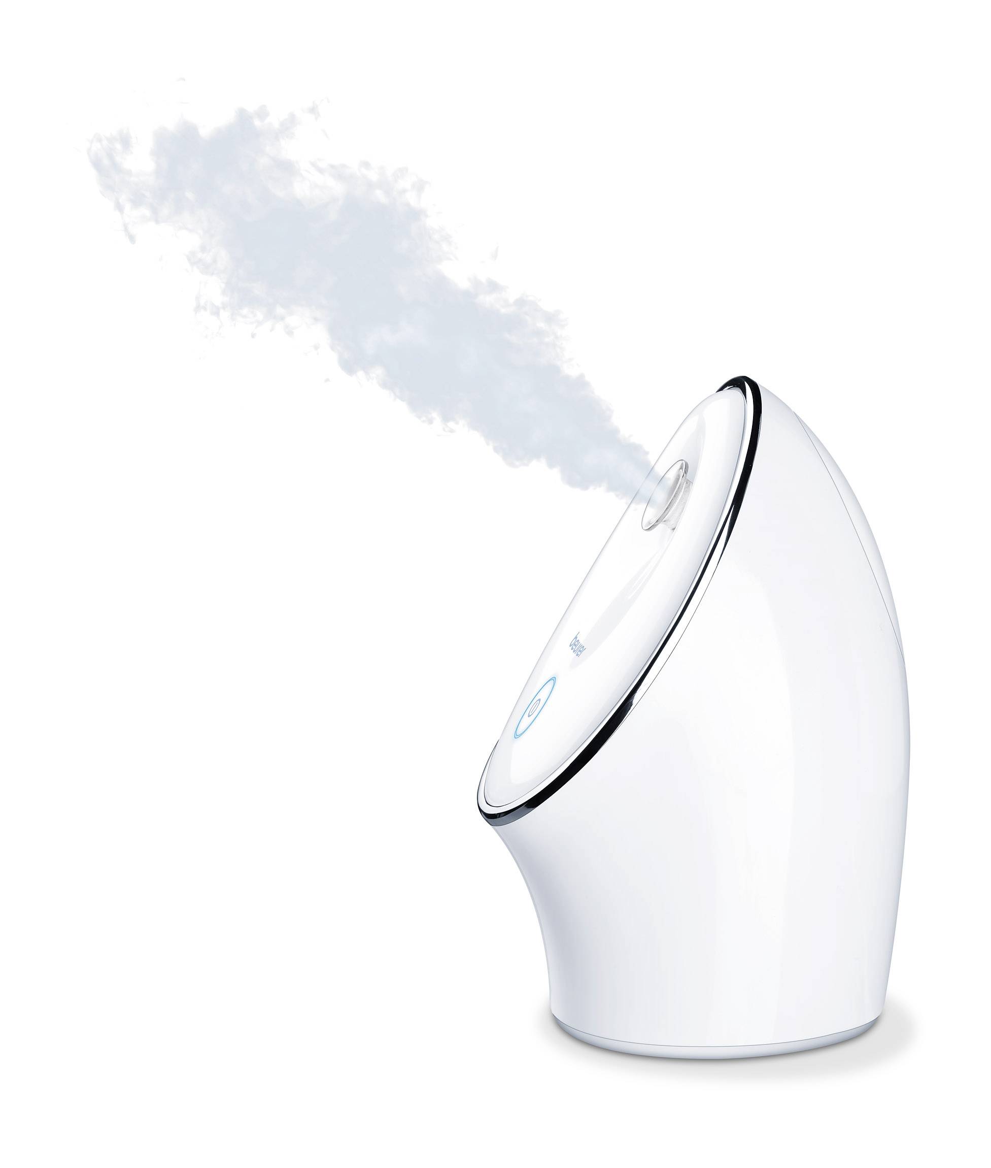 A white air humidifier is emitting steam.