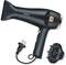 Black hairdryer with diffuser attachment and cable. Brand name visible on the casing.