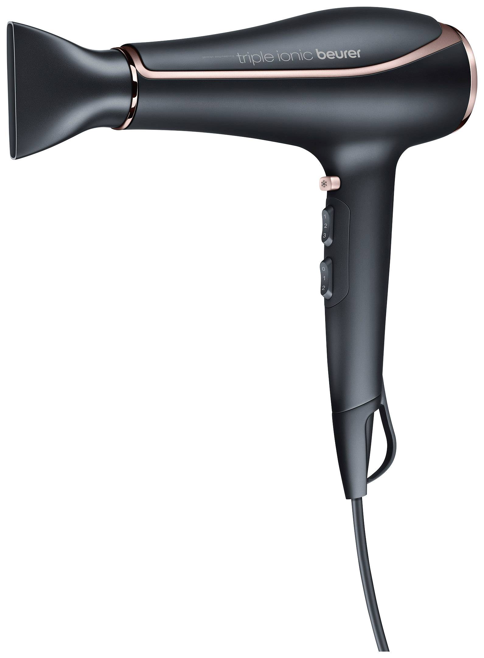 A black hairdryer with copper details by Beurer, model 'triple ionic', featuring a cable and two control buttons.