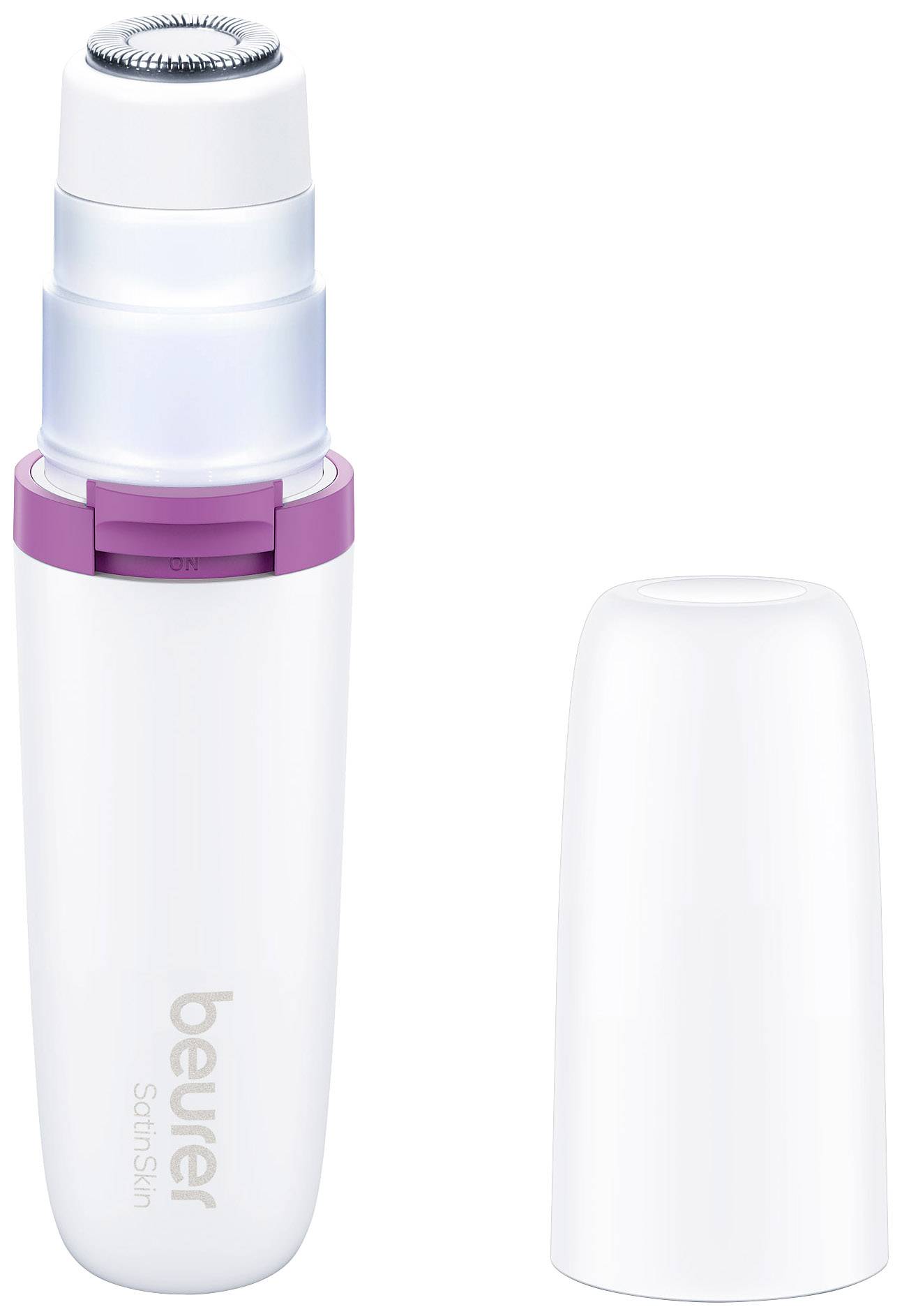 Electric skincare device with removable lid, white with lilac accents, brand 'Beurer Sanitas'.