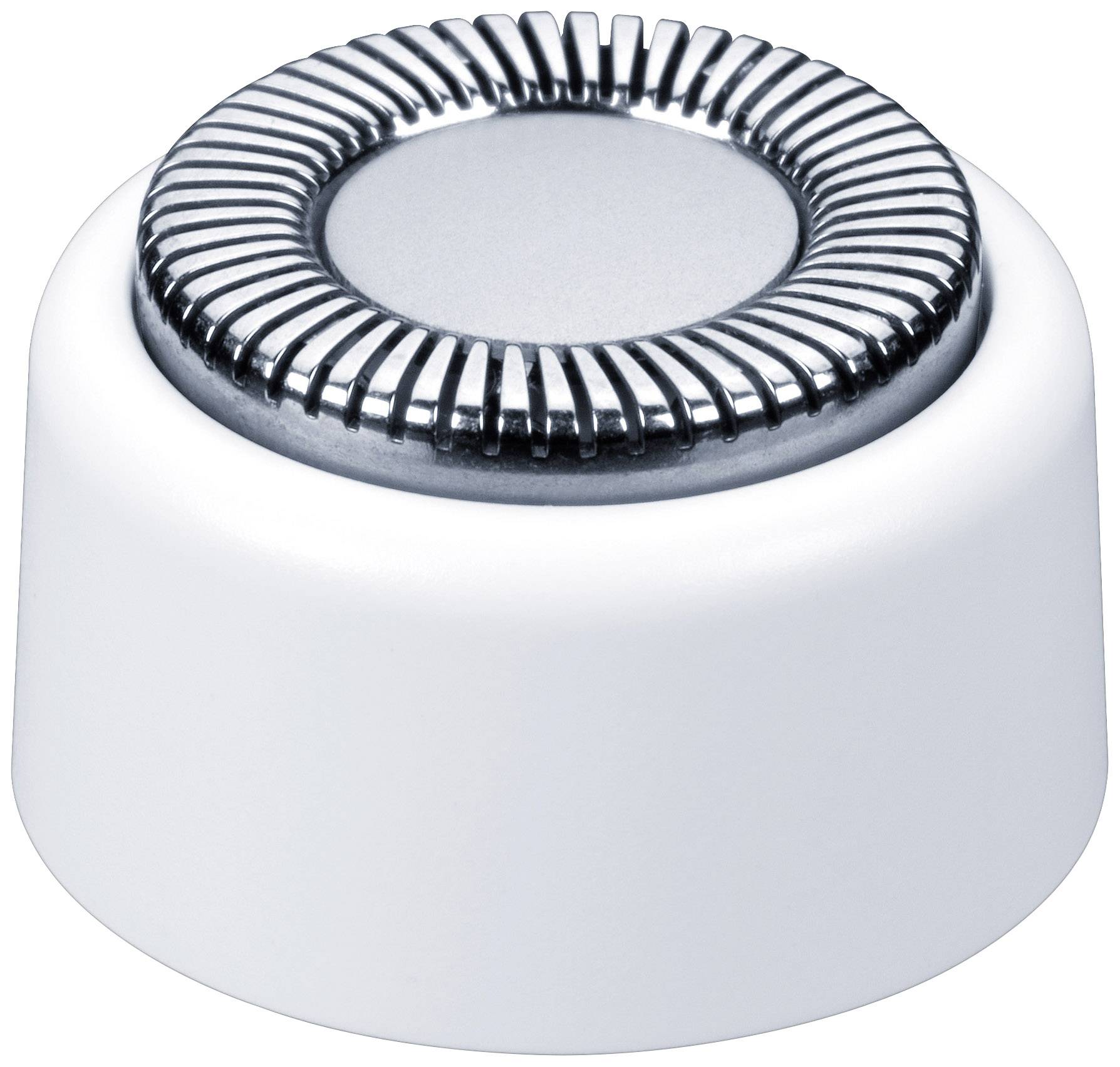 A white, round container with a metallic lid that resembles gears.