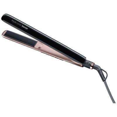 A black and rose gold hair straightener by Beurer, with an angled power cord.