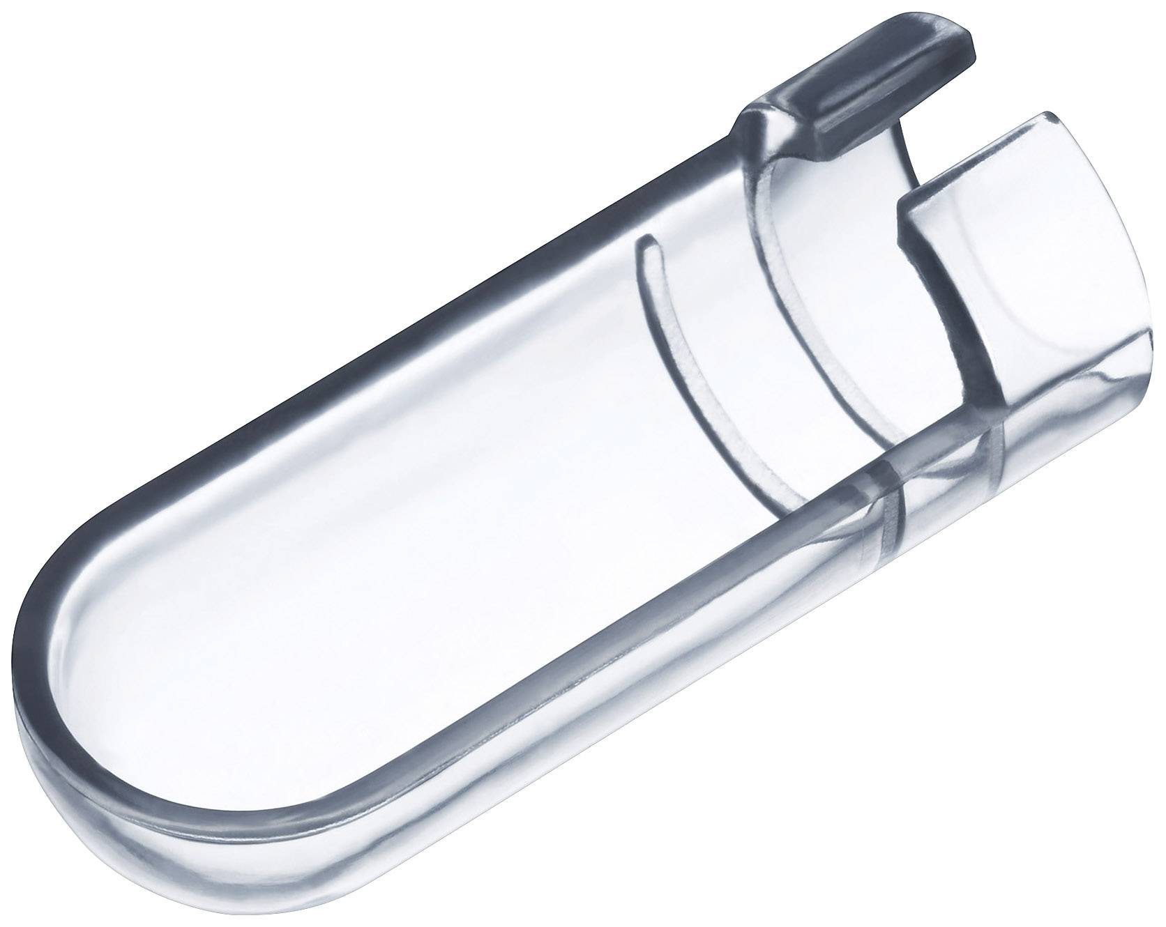 A transparent plastic urine collection tube used in laboratories for collecting urine samples.