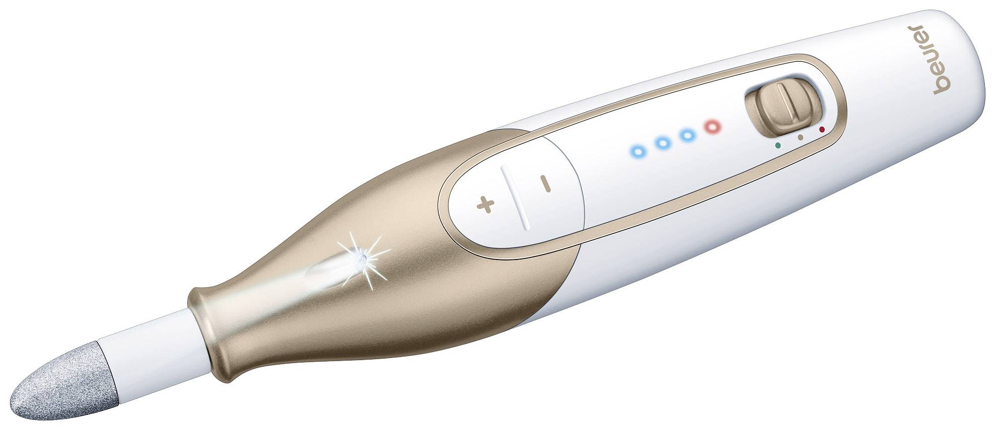 Electric nail care device in white and gold with grinding attachment and speed control buttons. Ideal for manicures and pedicures.