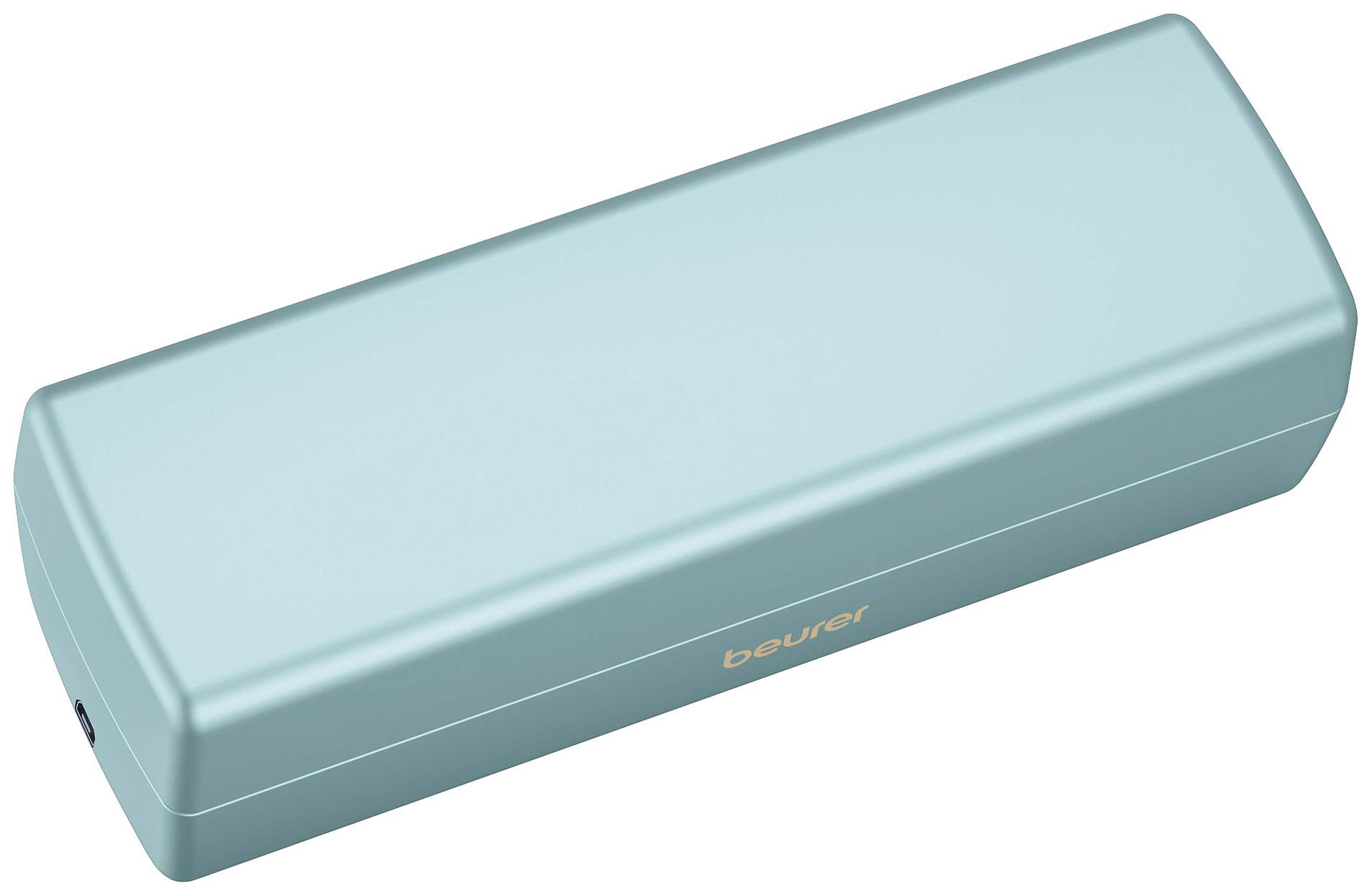 Light blue rectangular device with the word 'beurer' printed on the front.