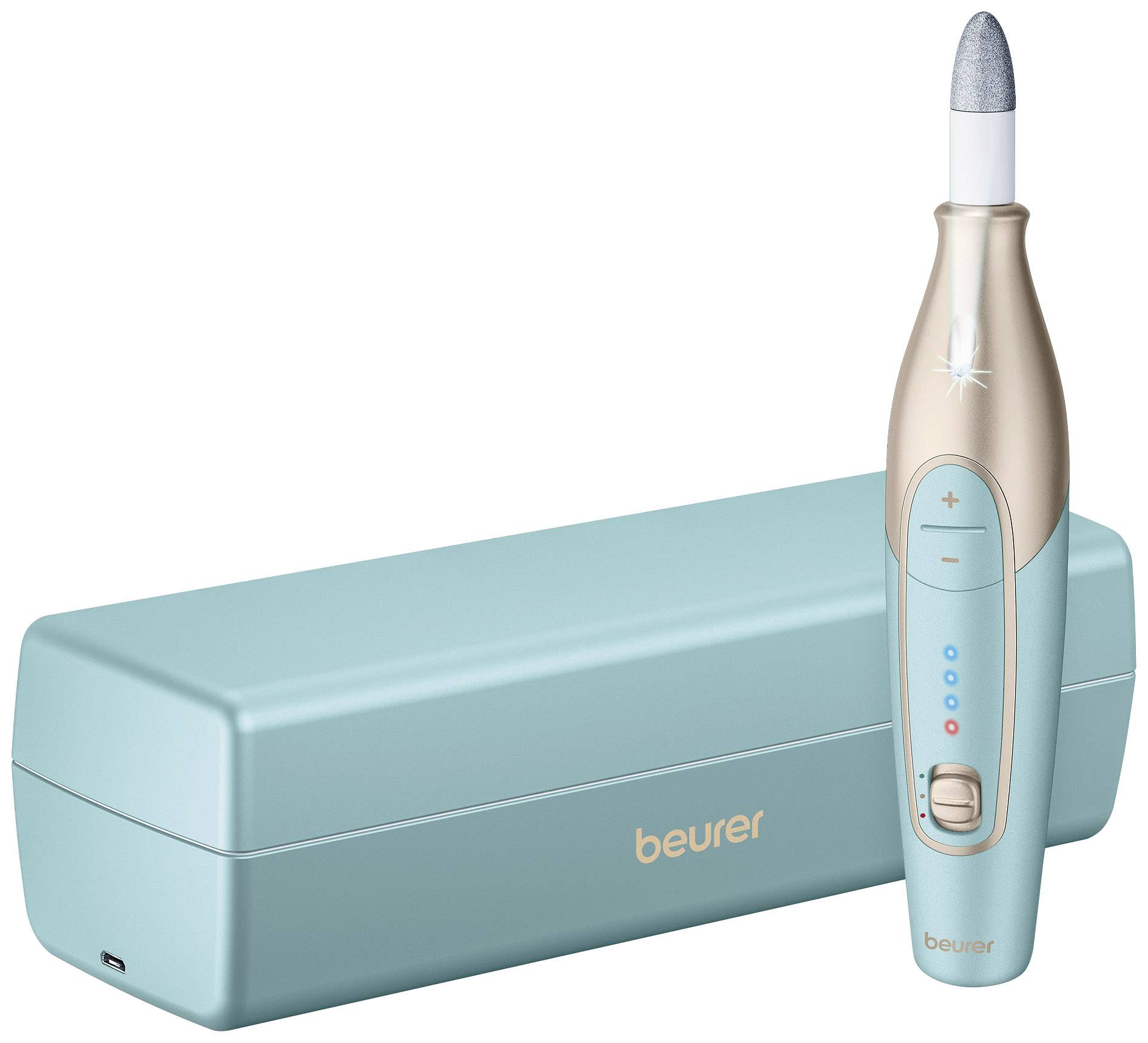 Electric manicure and pedicure set by Beurer, in turquoise, with various attachments, for filing and shaping nails.