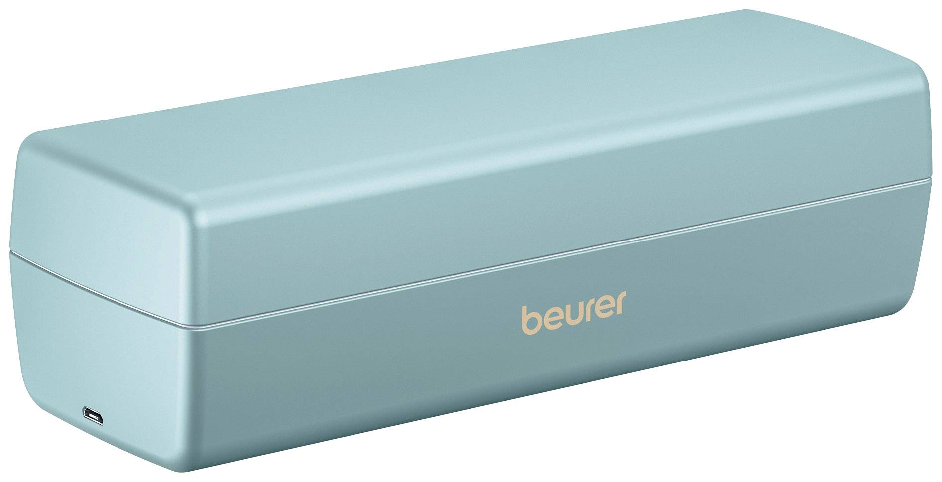 A turquoise, rectangular UV disinfection box with the inscription 'beurer'.