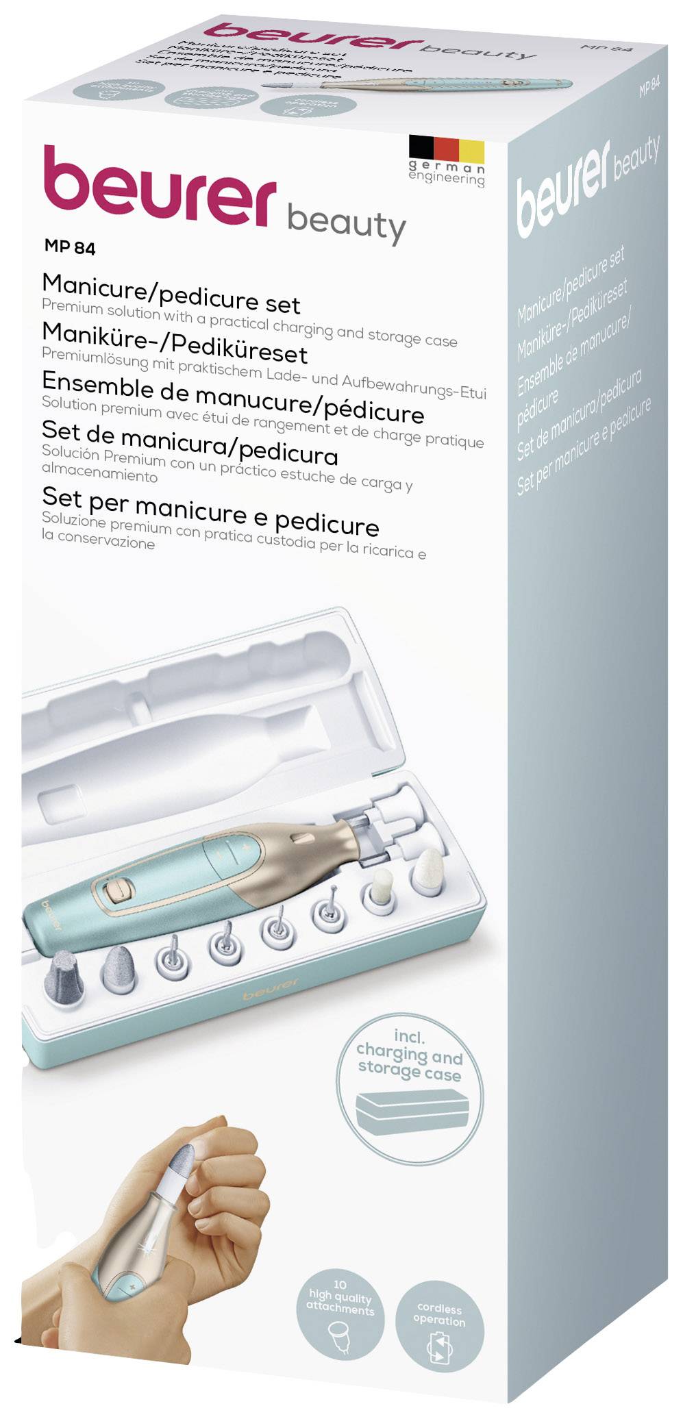 Manicure and pedicure set by Beurer with various attachments in a storage case, ideal for comprehensive nail care.