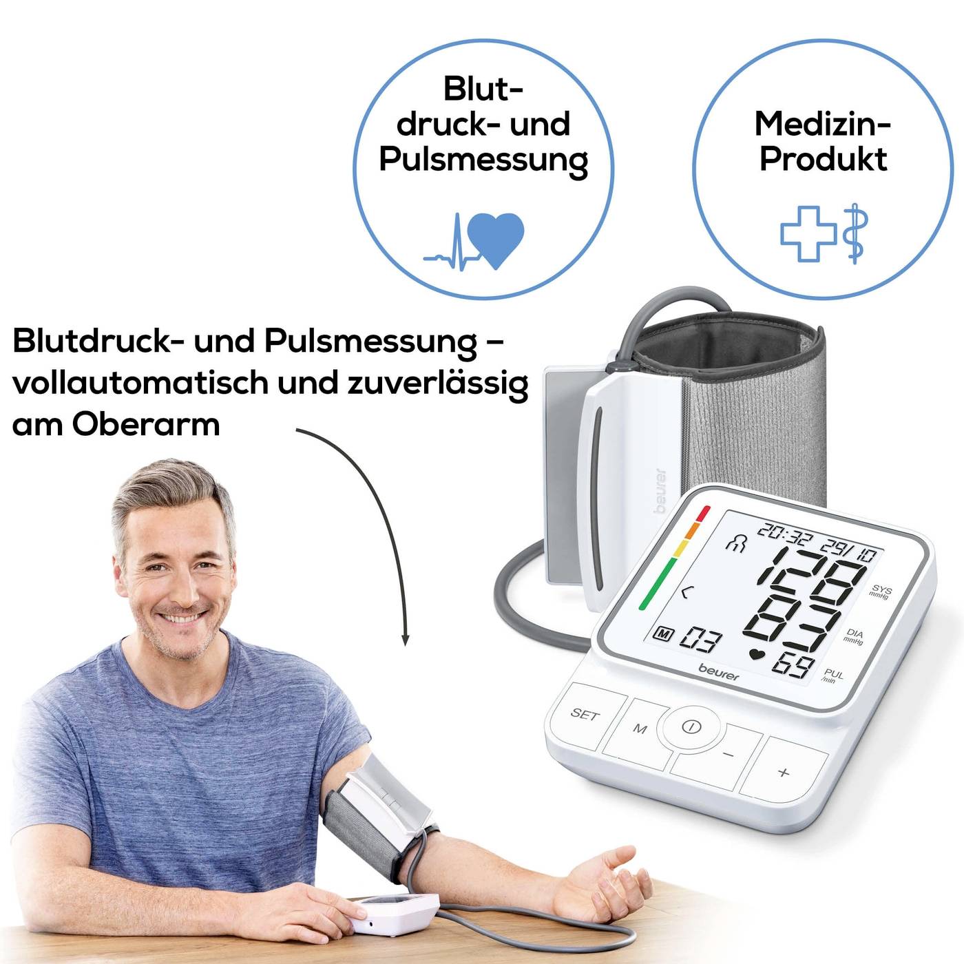 A man is measuring his blood pressure using a digital blood pressure monitor on his upper arm. The display shows the measurements. Text: 'Blood pressure and pulse measurement – fully automatic and reliable on the upper arm'.