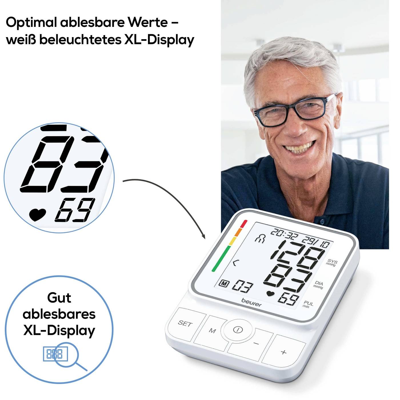 Blood pressure monitor with illuminated XL display. Shows measurement result 129/69. Portrait of a smiling older gentleman beside it.