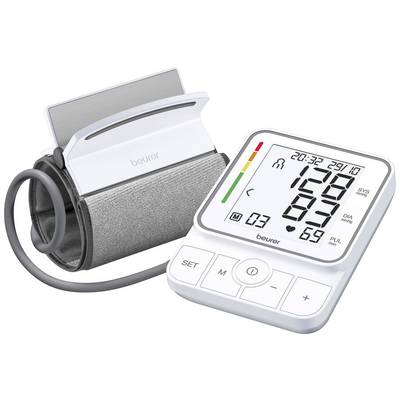 Electronic blood pressure monitor with cuff. Displays systolic and diastolic pressure and pulse on digital display.