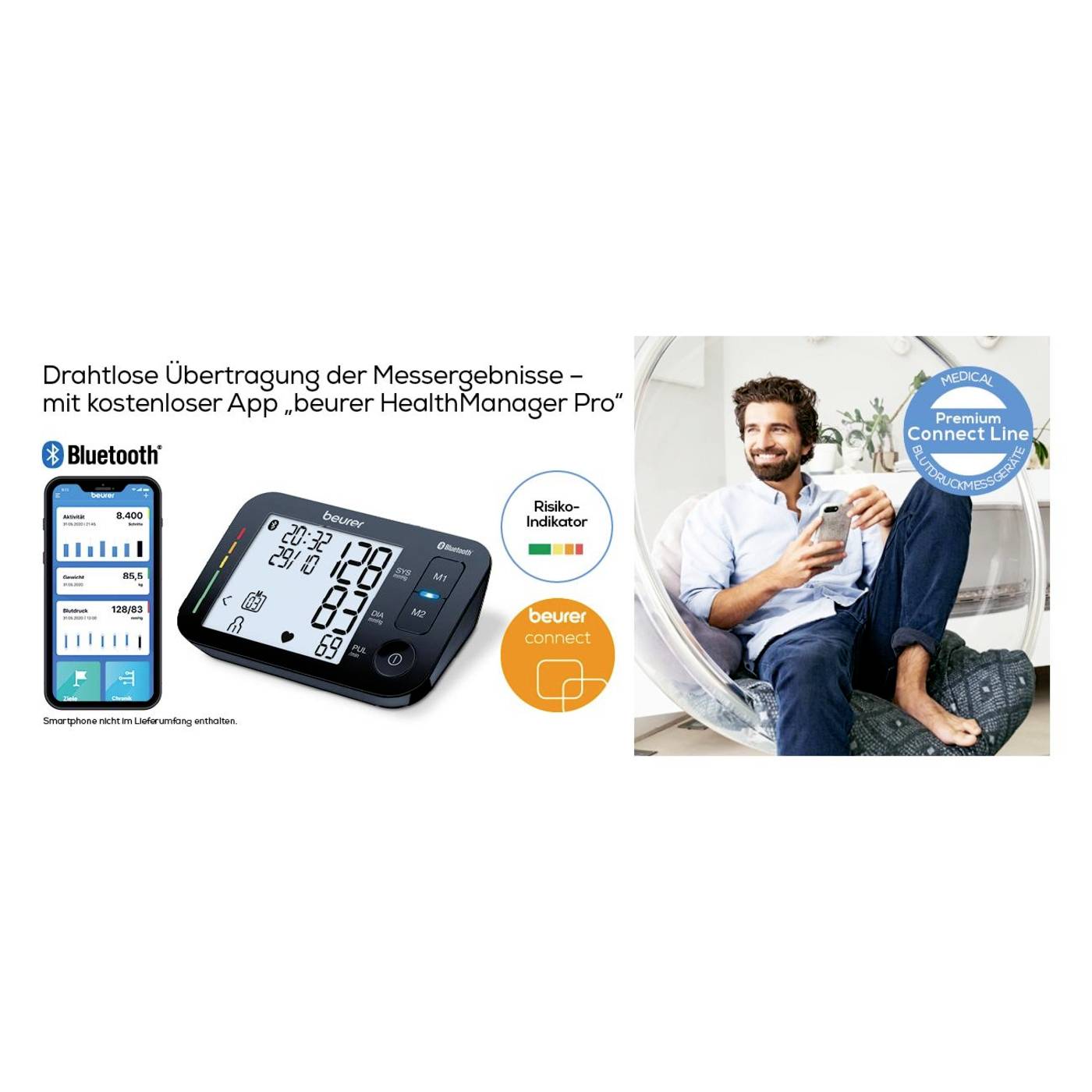A blood pressure monitor with wireless transmission; displaying connected functions on a smartphone app. Man relaxing beside it.
