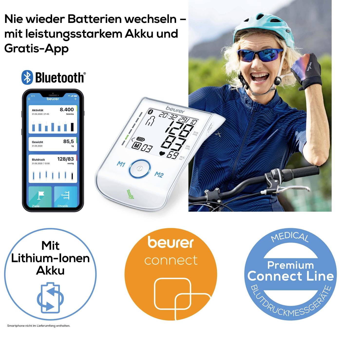 A woman wearing a helmet gives a thumbs up, next to a blood pressure monitor; Text: 'Never replace batteries again – with a high-performance rechargeable battery and free app.'