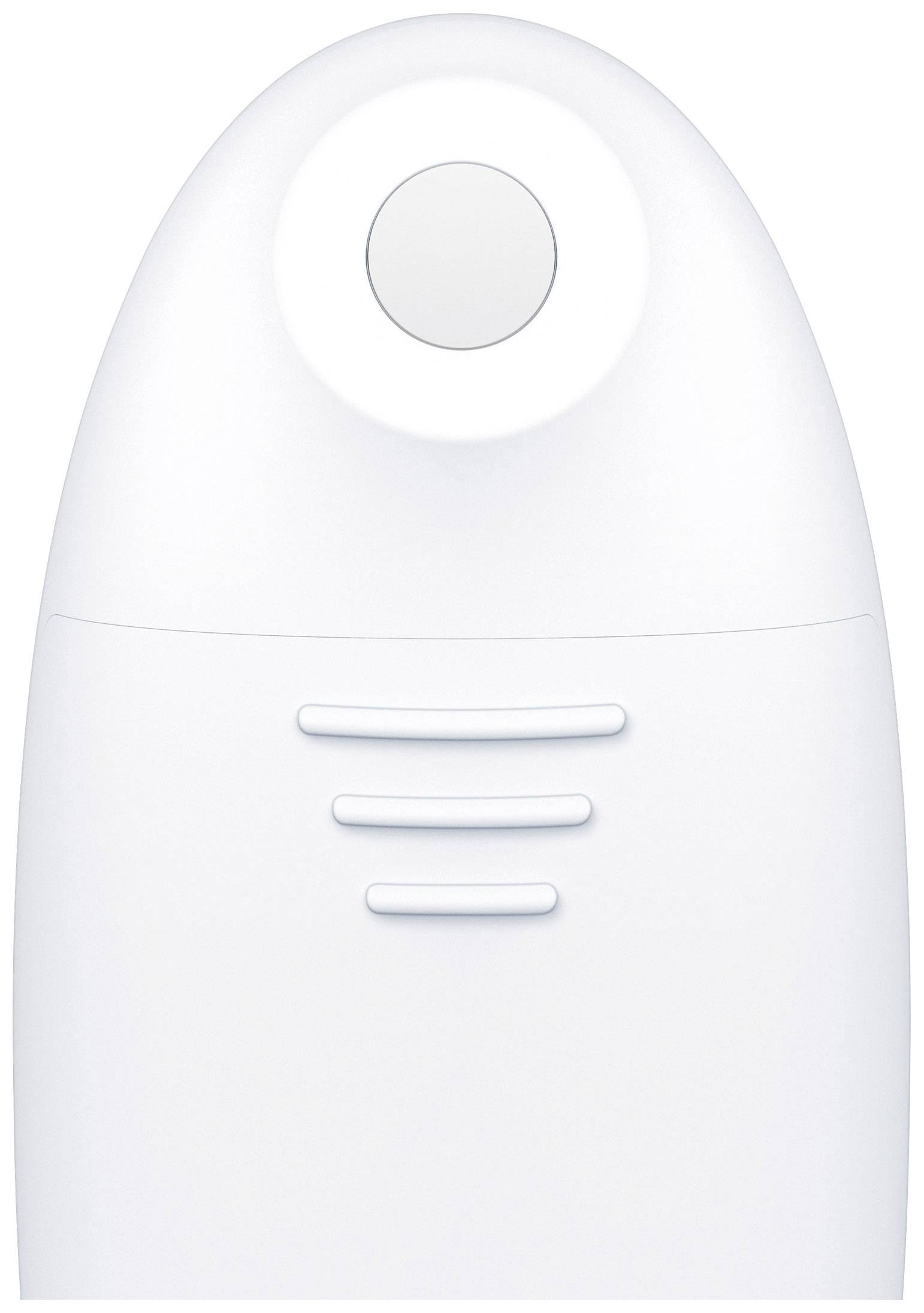 White plastic container with a round button on top and three horizontal lines underneath, likely a household appliance.