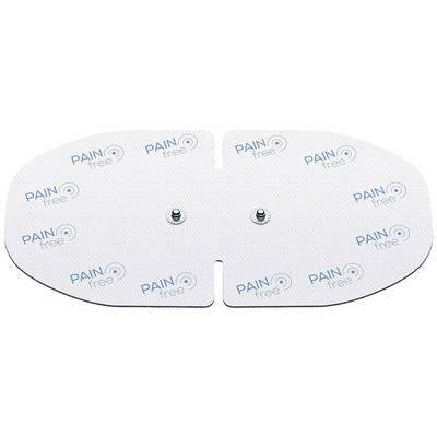Electrode pad with two connections, white with blue 'PAIN free' print, oval-shaped, for pain therapy or medical applications.