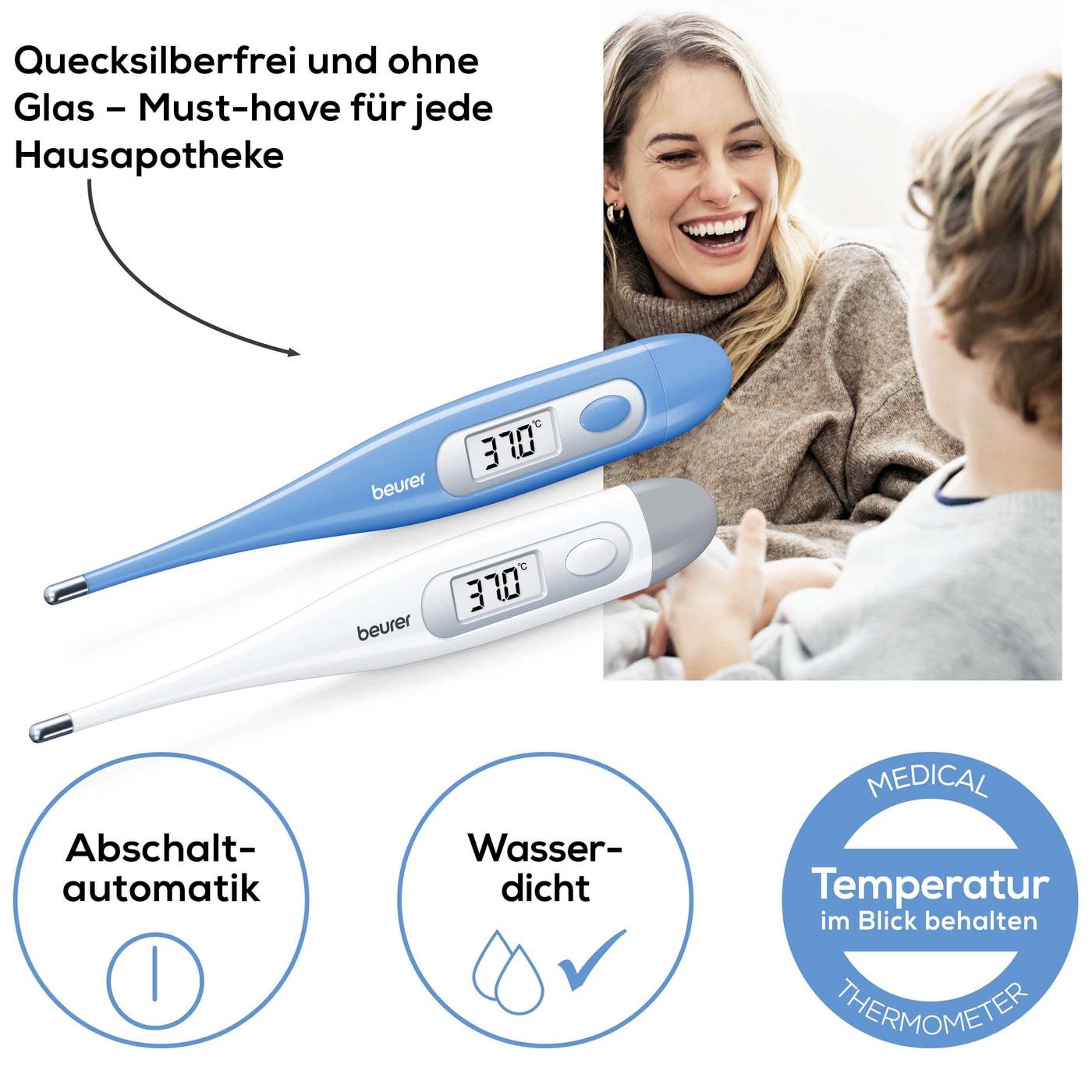 Thermometer Advertisement: Two digital thermometers, mercury-free, waterproof, suitable for home first aid kit. Woman talking with child in the background.