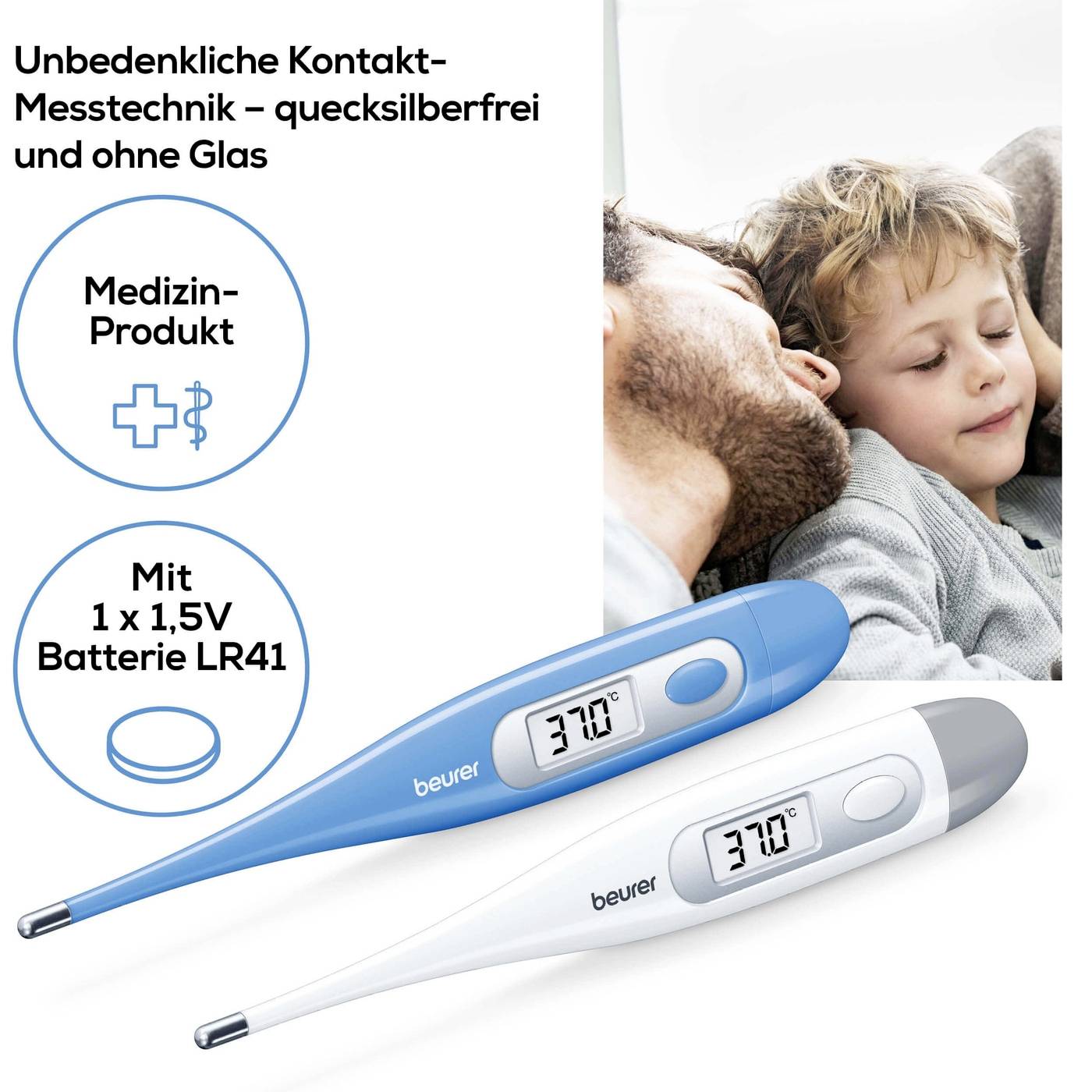 A child is sleeping beside an adult. In the foreground, two digital thermometers are shown, one blue and one grey. Text describes: 'Safe contact measurement technology - mercury-free and without glass'.
