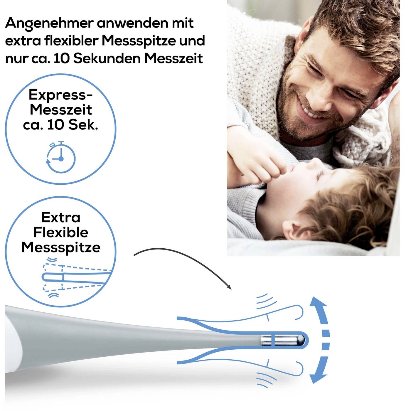 A man smiles at a child in bed. The text describes a thermometer with a flexible tip and fast measurement time of 10 seconds.
