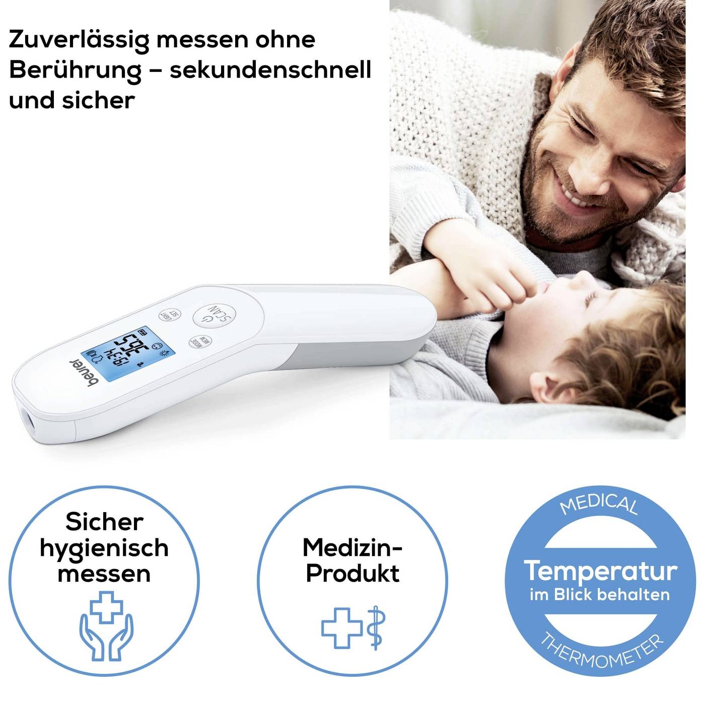 A man is measuring his child's temperature with a digital thermometer. Text: 'Measure reliably without contact.'<br><br>Note: The translation is to British English, maintaining the meaning and style of the original German text.