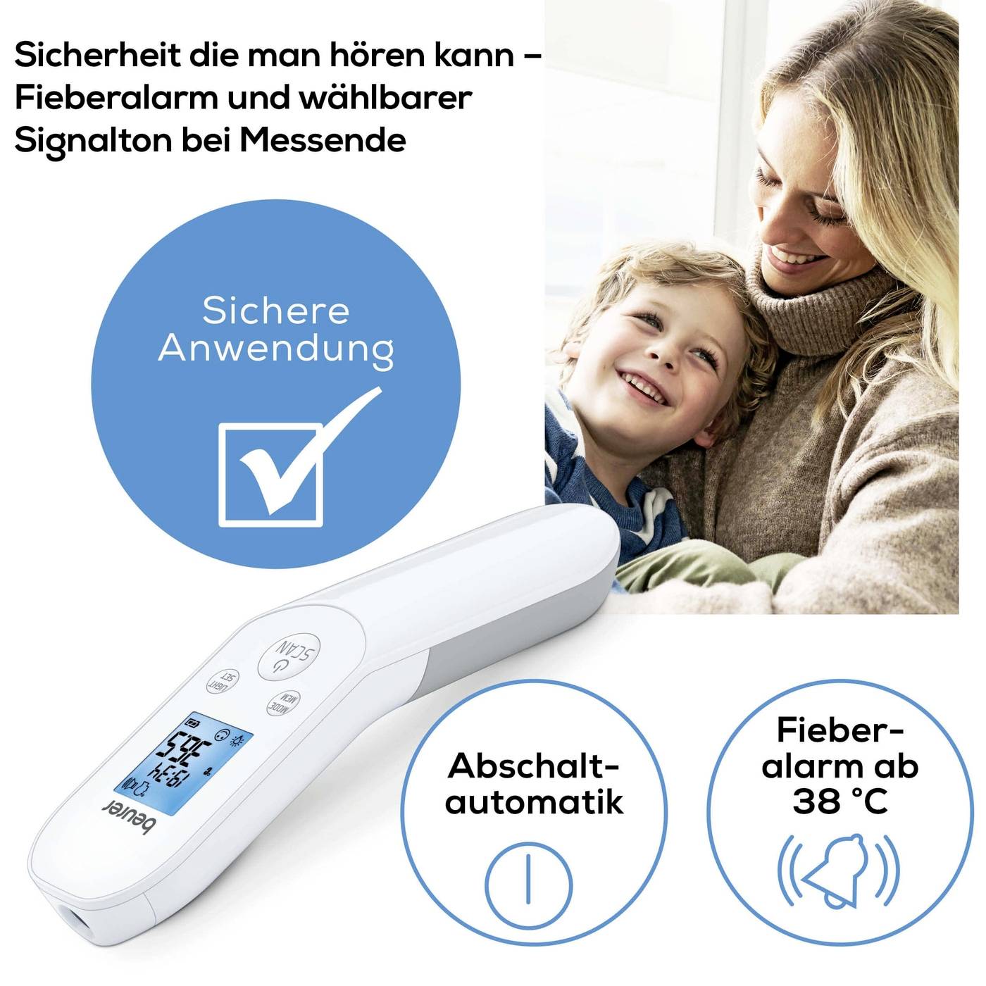 Mother sits with child on sofa. Focus on digital thermometer with fever alarm and acoustic signal tone. Text: 'Safe Application'.