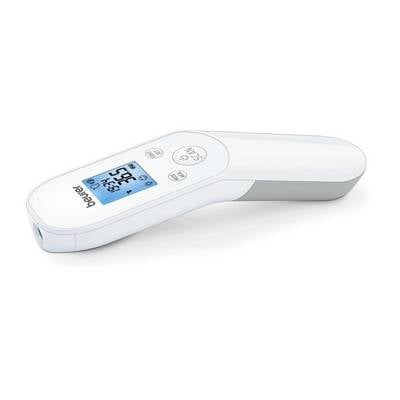 A digital infrared thermometer with an illuminated display shows 36.8 degrees Celsius.