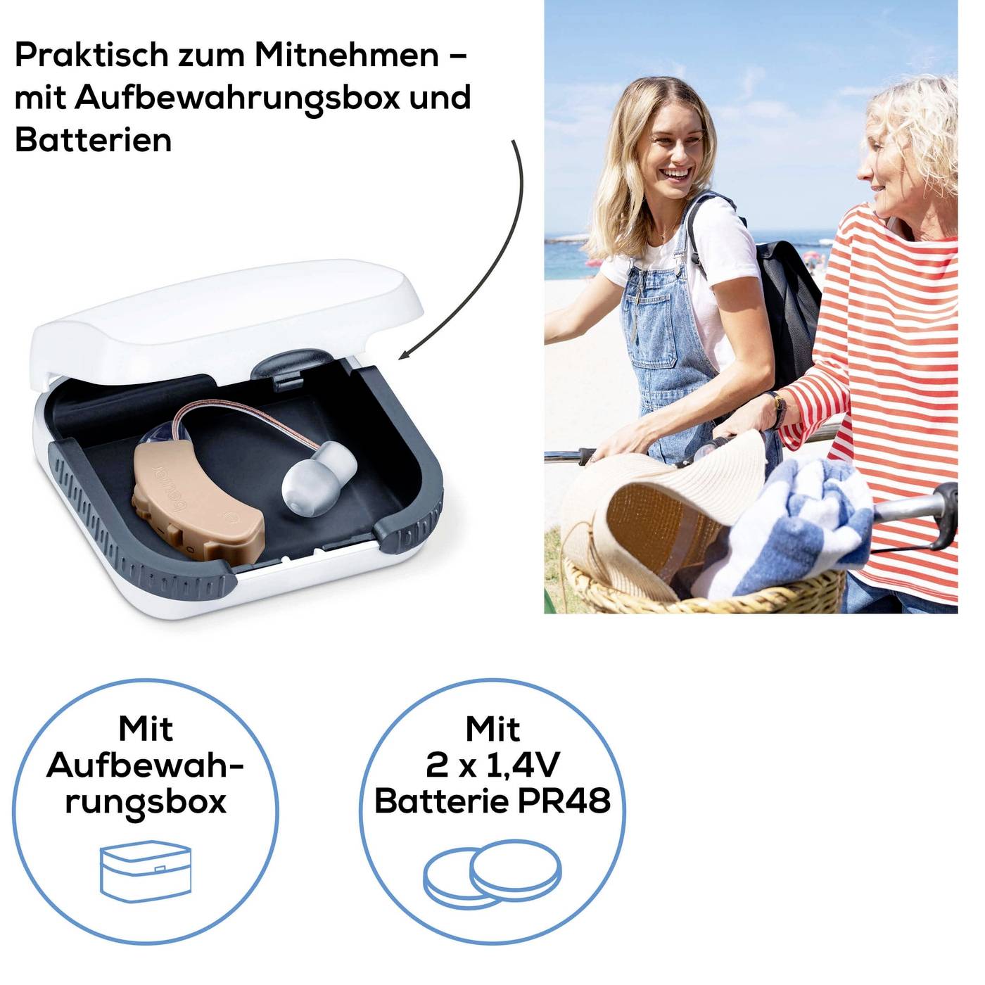 'Hearing aid in an open storage box. Two women sit smiling on a bench. Text describes wearability and accessories.'