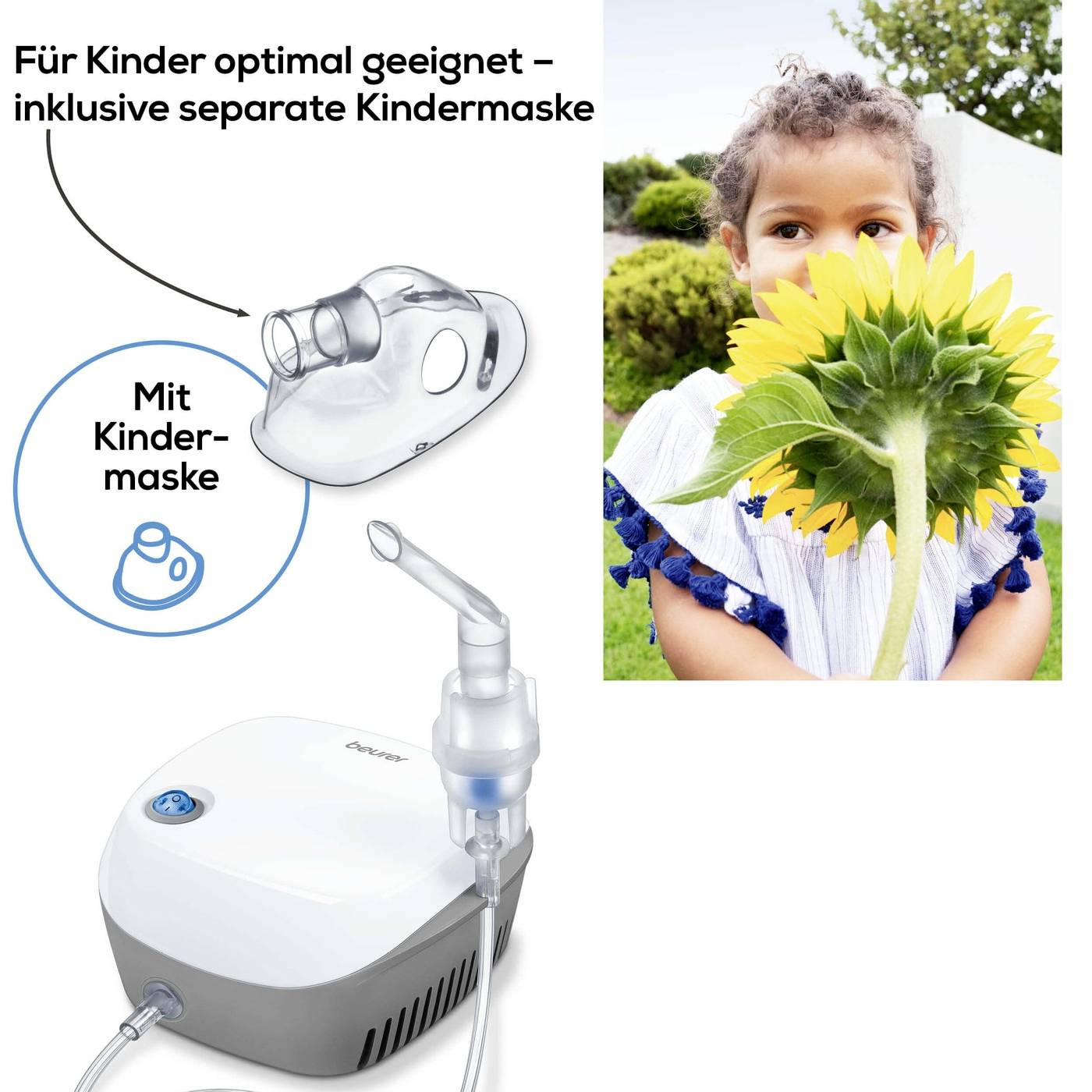 'Child with sunflower, nebuliser with additional child mask, suitable for children'