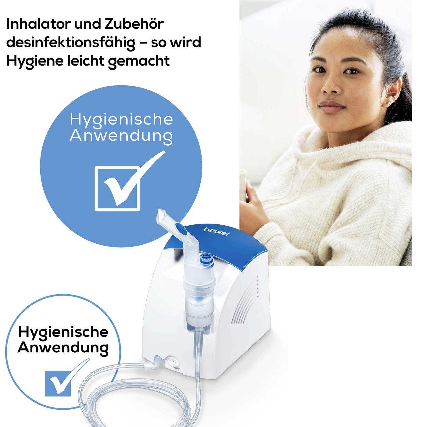 Woman sits with inhaler; Text: Inhaler and accessories disinfectable – making hygiene easy