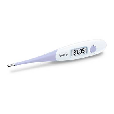 Digital thermometer displaying '31.05°C'. The device is white and lilac, with a metal tip and the 'beurer' brand on the front.
